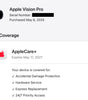 Screenshot of Apple Vision Pro warranty coverage details showing AppleCare+ protection until May 11, 2027 with accidental damage and hardware service included
