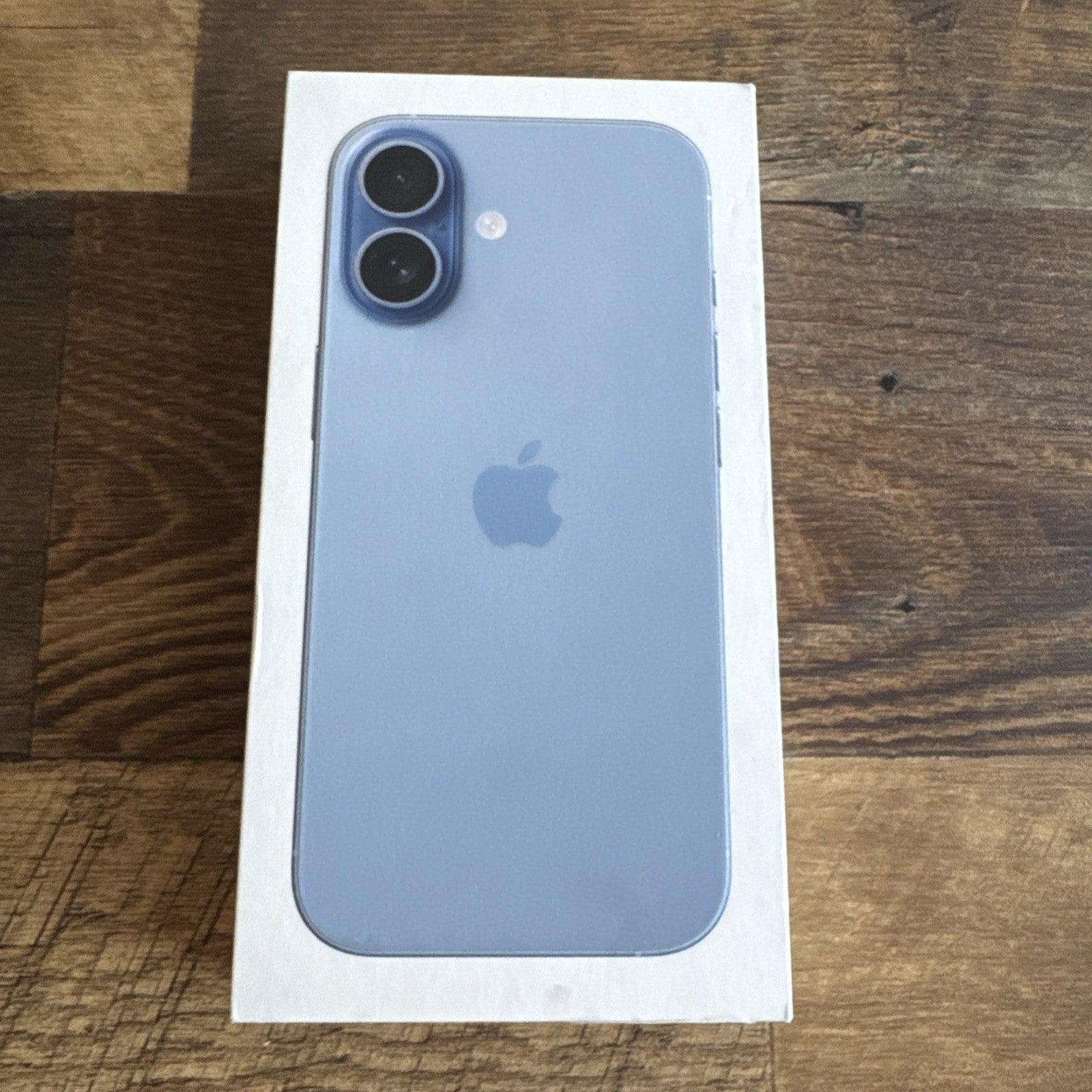 Sealed Apple iPhone 17 in Mist Blue with dual rear cameras and Apple logo, 256GB storage, 6.3-inch display.