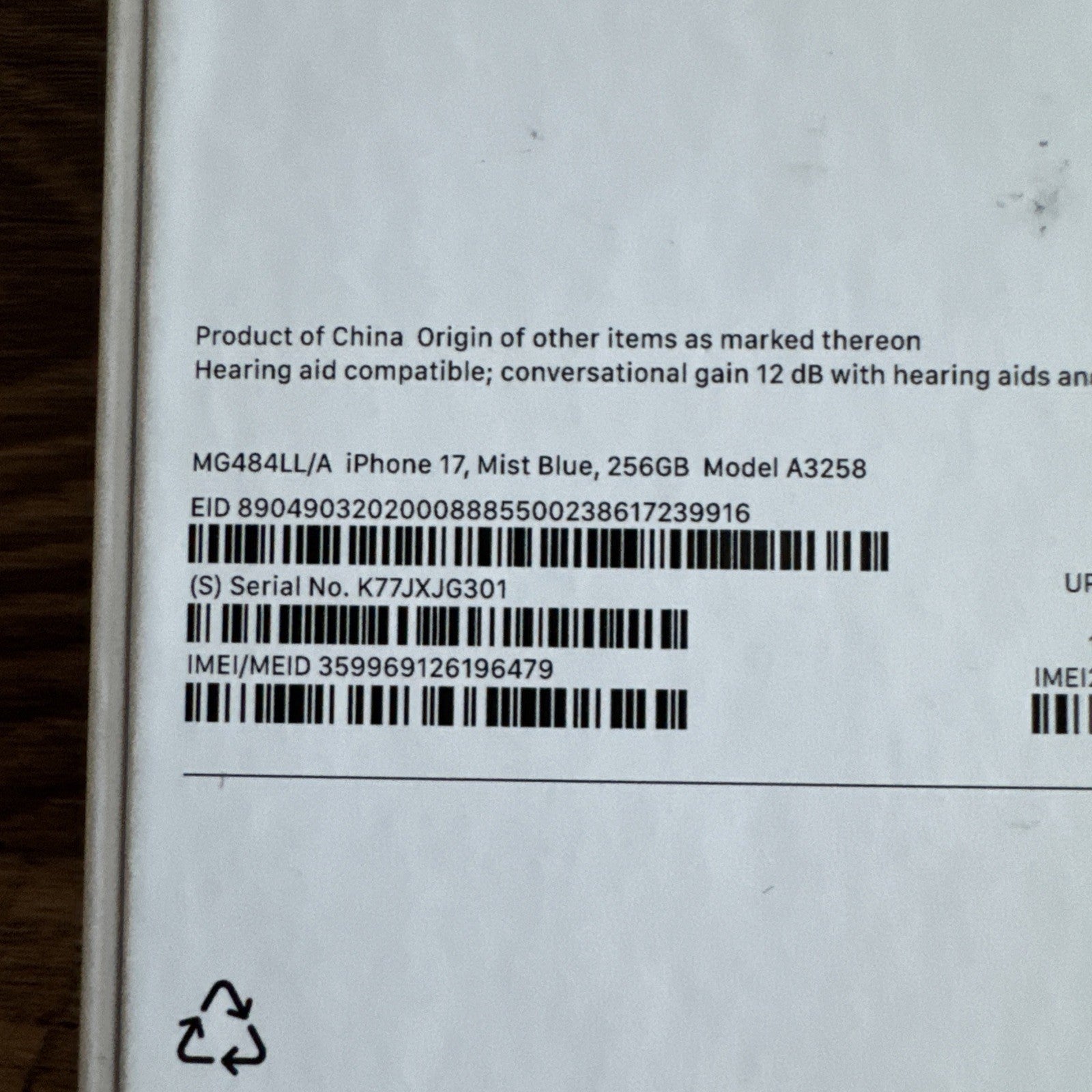 Packaging label for sealed Apple iPhone 17 Mist Blue 256GB model A3258 with serial and IMEI details visible