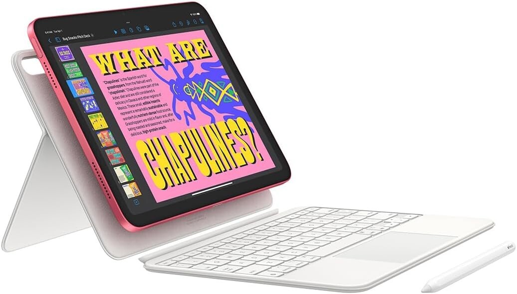 Pink 2025 iPad 11-inch 11th Gen with keyboard case and Apple Pencil, showing colorful screen display, new model