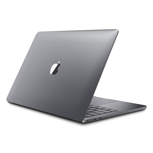 2020 Apple MacBook Pro 13-inch Space Gray partially open showing back with Apple logo and keyboard edges