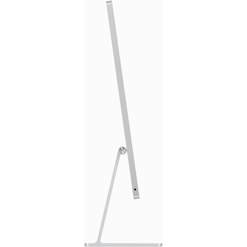 Side profile view of silver Apple iMac 24 inch with sleek thin design and aluminum stand on white background