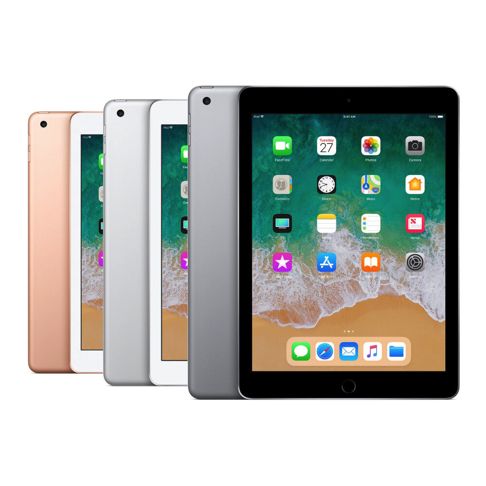 Apple iPad 6 128GB in gold, silver, and space gray showing front and back with 9.7-inch display unlocked good condition