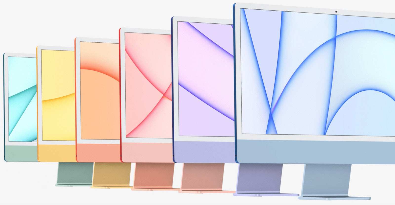 Seven colorful Apple iMac 24-inch models in green, yellow, orange, pink, purple, and blue arranged in a row on white background