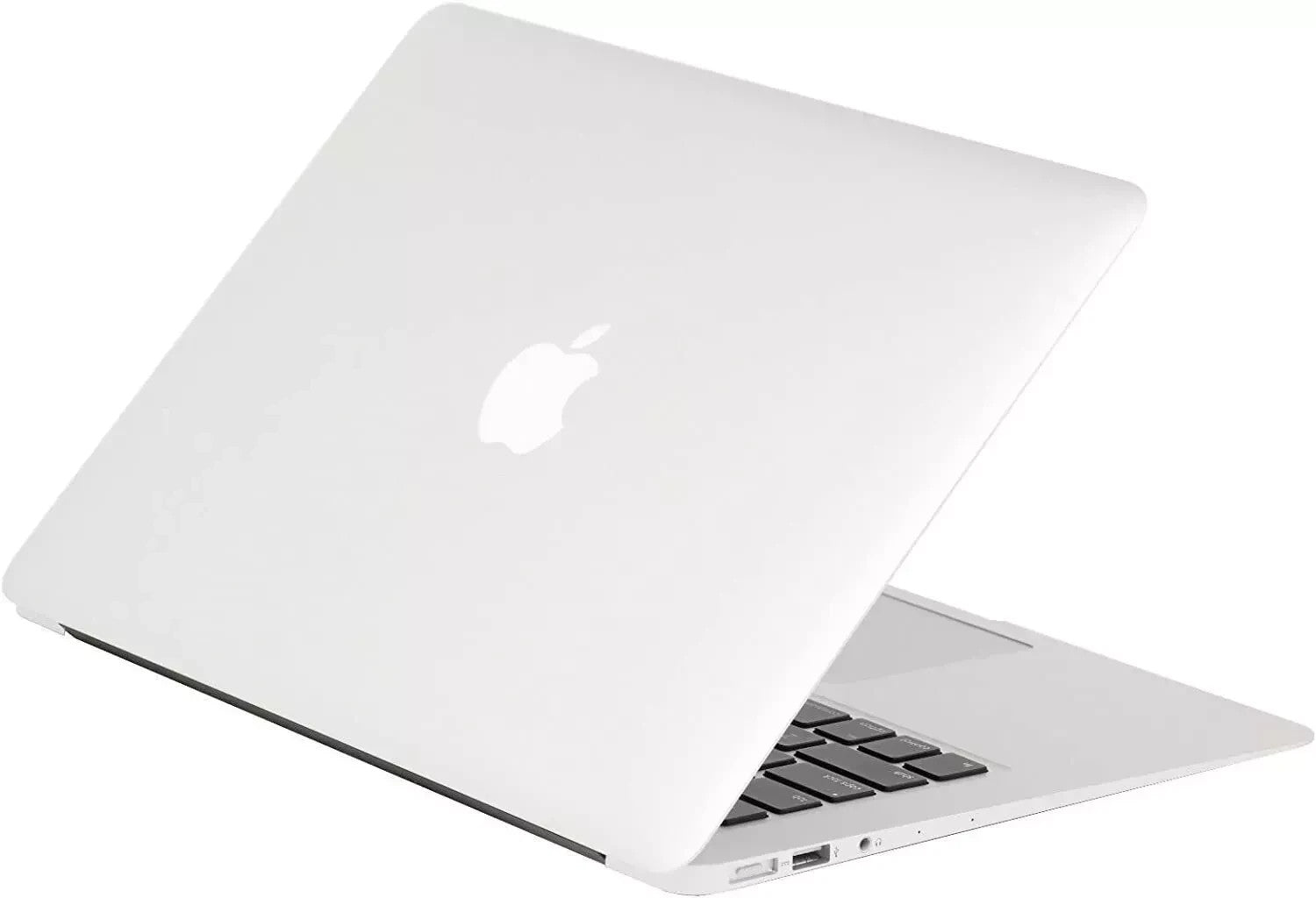 Apple MacBook Air 13-inch laptop in silver partially open showing back with Apple logo and side ports visible