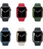 Six Apple Watch Series 7 models in black, red, green, blue, starlight, and gray with silicone bands and curved screen edges