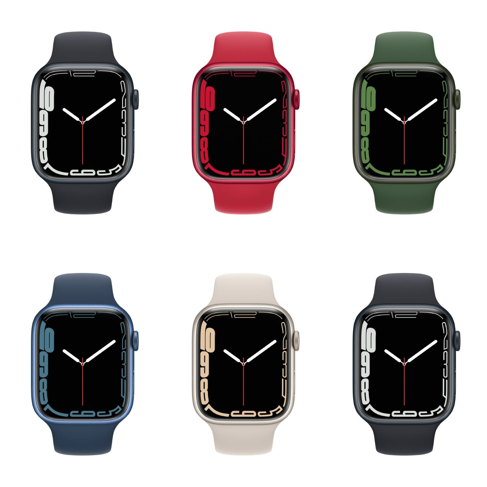 Six Apple Watch Series 7 models in black, red, green, blue, starlight, and gray with silicone bands and curved screen edges