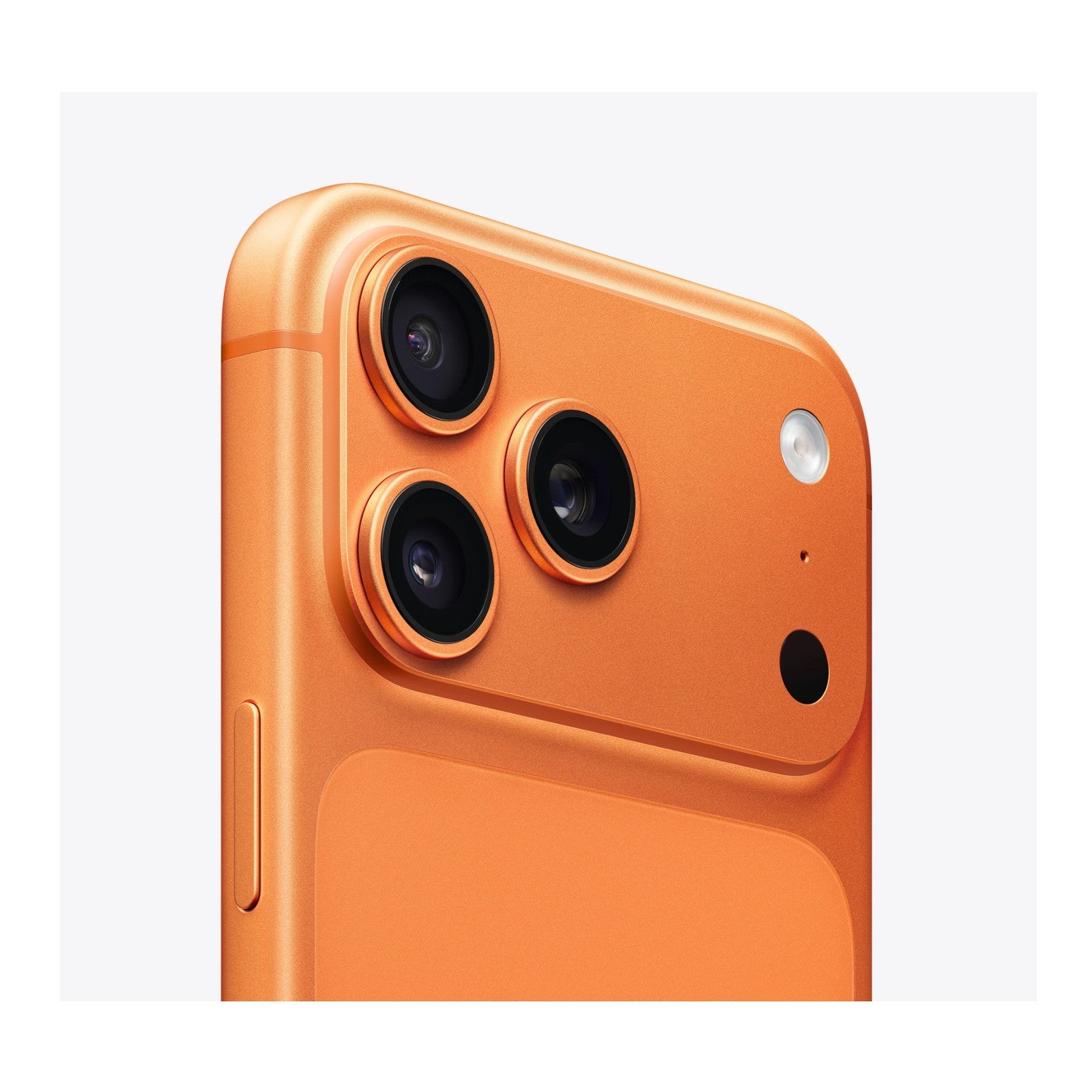 Apple iPhone 17 Pro Max Cosmic Orange rear close-up showing triple camera system and side button, unlocked US version 512GB
