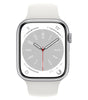 Silver Apple Watch Series 8 45mm with white silicone band showing digital clock face and aluminum case in good condition