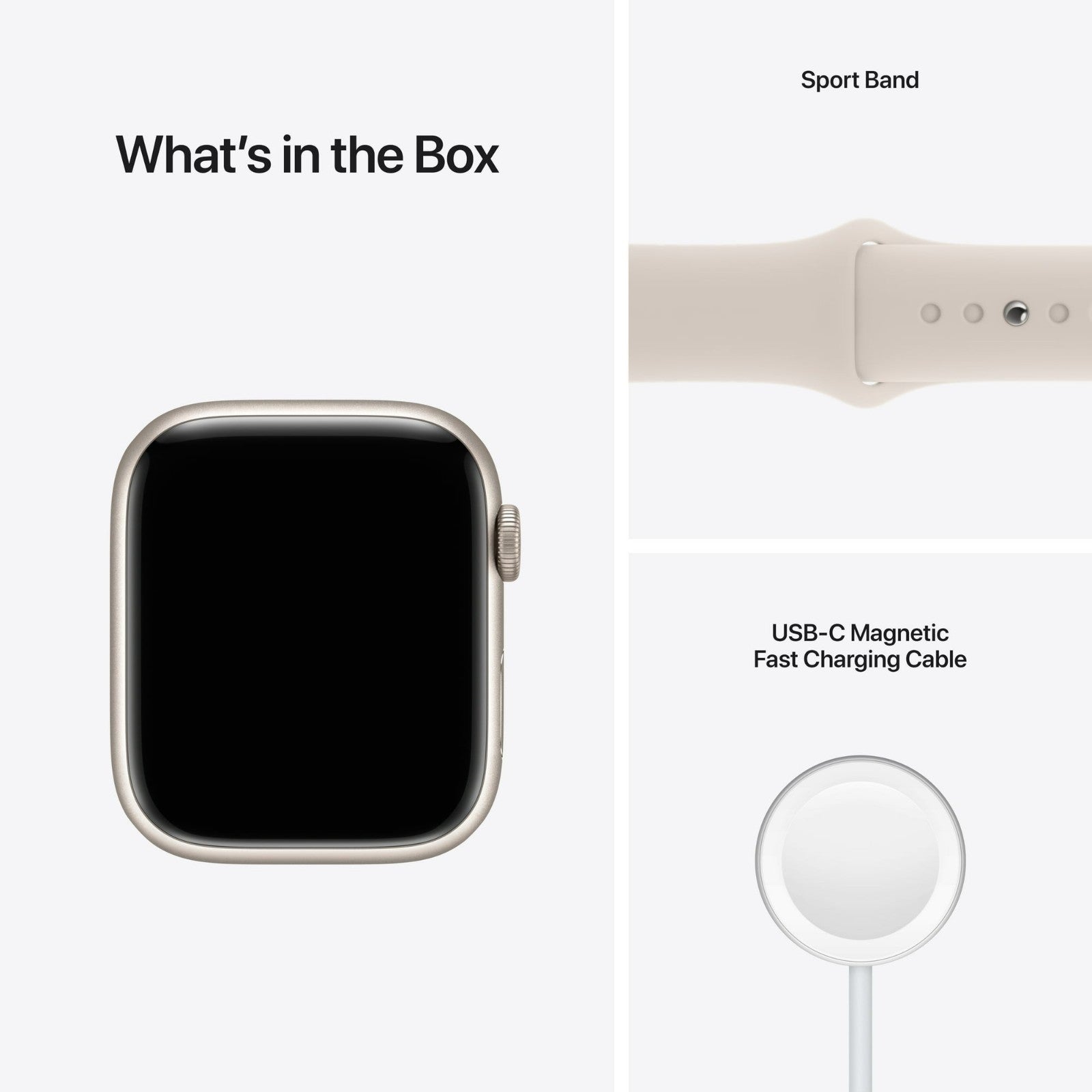 Apple Watch Series 7 with sport band and USB-C magnetic fast charging cable shown on white background