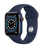 Apple Watch Series 6 in blue with silicone band showing side and front screen with activity display unlocked model