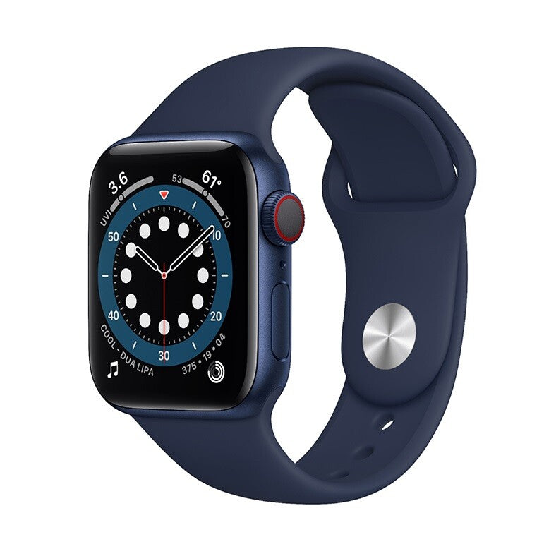 Apple Watch Series 6 in blue with silicone band showing side and front screen with activity display unlocked model