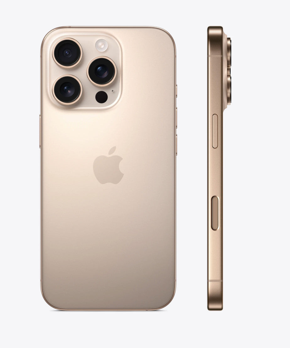 Gold Apple iPhone 16 Pro showing rear triple camera system and side buttons, fully unlocked 256GB model in good condition