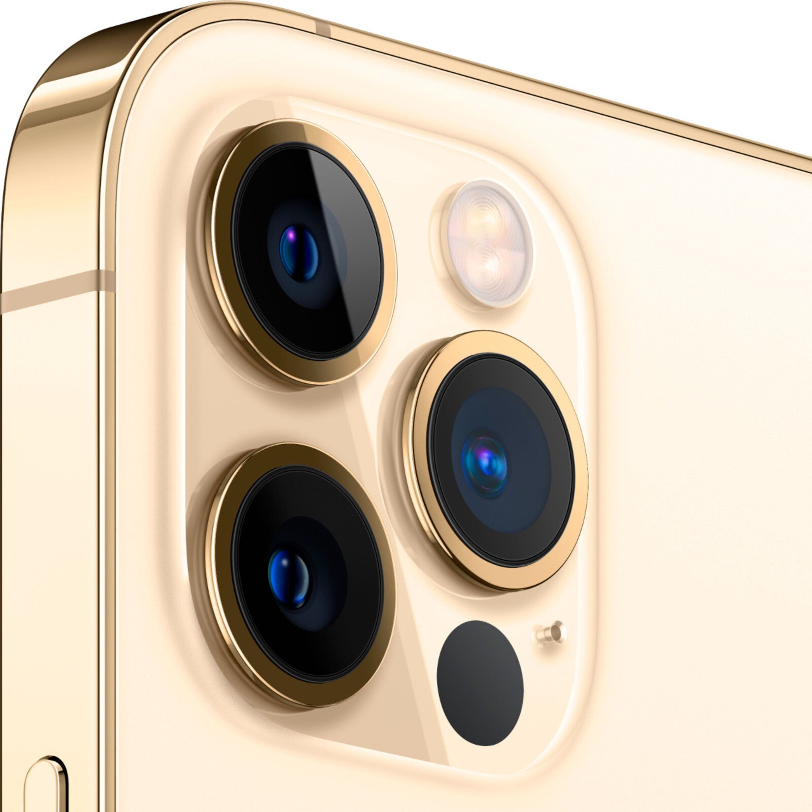 Gold Apple iPhone 12 Pro close-up showing triple rear cameras and flash in excellent condition unlocked model