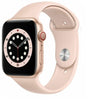 Apple Watch Series 6 40mm gold aluminum case with pink silicone band and circular watch face showing time and activity rings