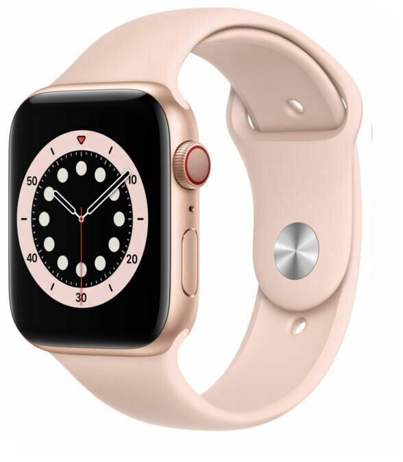 Apple Watch Series 6 40mm gold aluminum case with pink silicone band and circular watch face showing time and activity rings