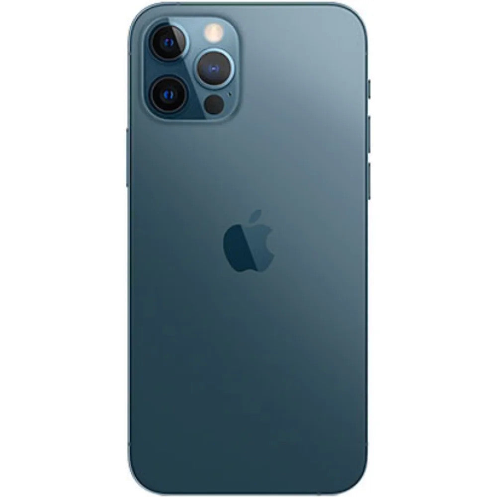 Apple iPhone 12 Pro in Pacific Blue showing rear triple camera system and Apple logo, unlocked and great condition model