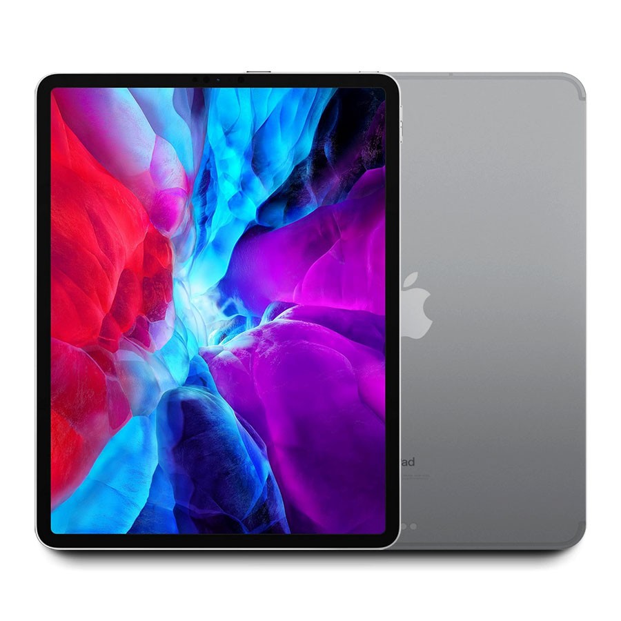 Apple iPad Pro 4 12.9 inch Space Gray front colorful display and back with Apple logo, 256GB WiFi Cellular model A2069