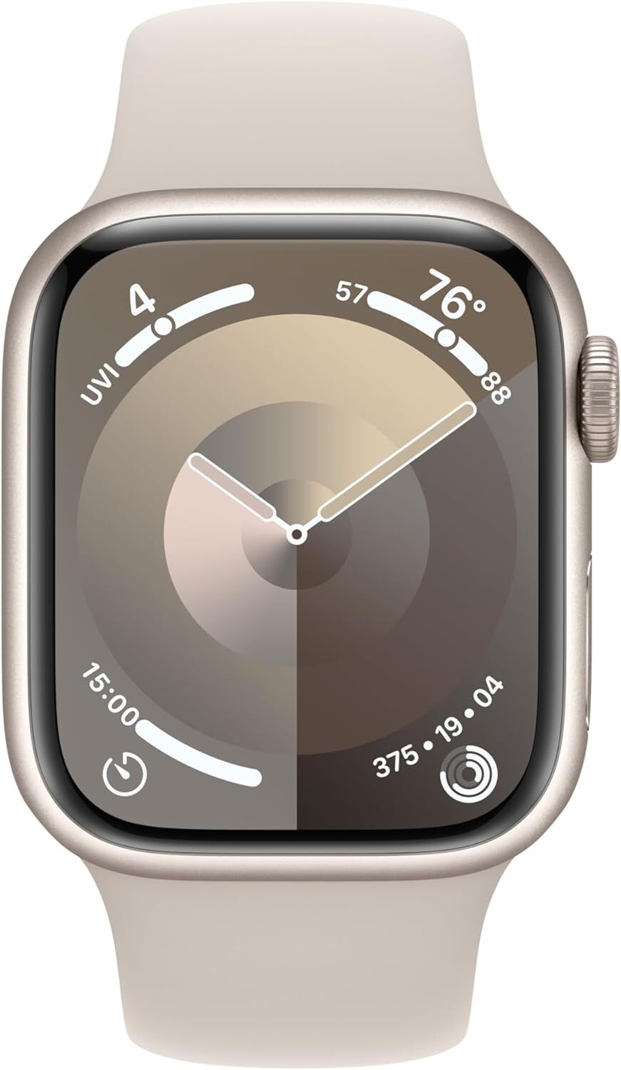 Apple Watch Series 9 45mm Silver Aluminum case with Starlight silicone band and active clock face shown front view