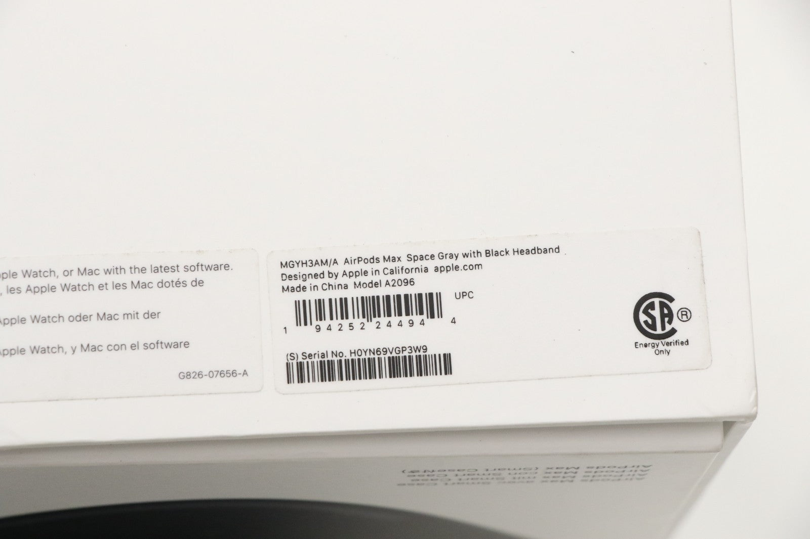 Apple AirPods Max Space Gray with black headband shown on product box label, wireless over-ear headset model MGYH3AM/A