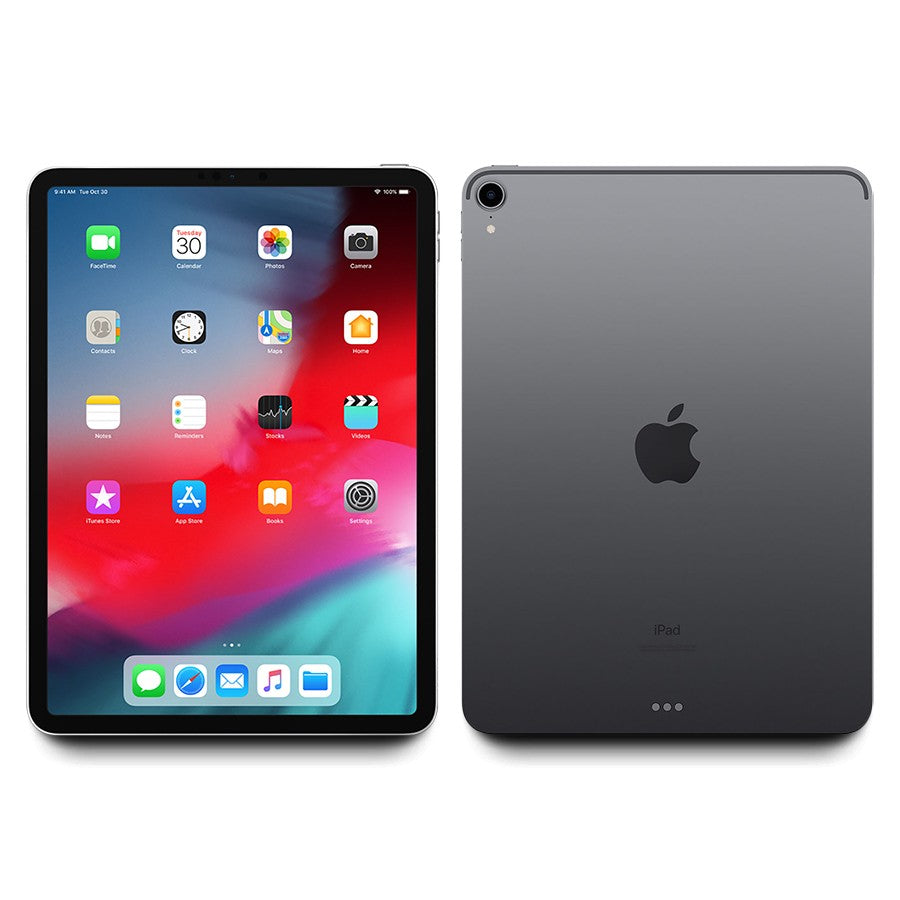 2018 Apple iPad Pro 12.9-inch Space Gray showing front screen with apps and rear with single camera and Apple logo