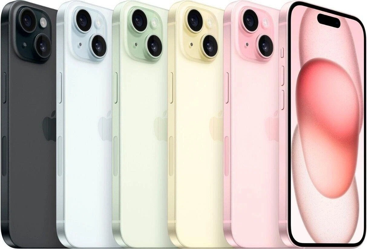 Apple iPhone 15 A2846 unlocked 256GB shown in multiple colors with dual rear cameras and front display view