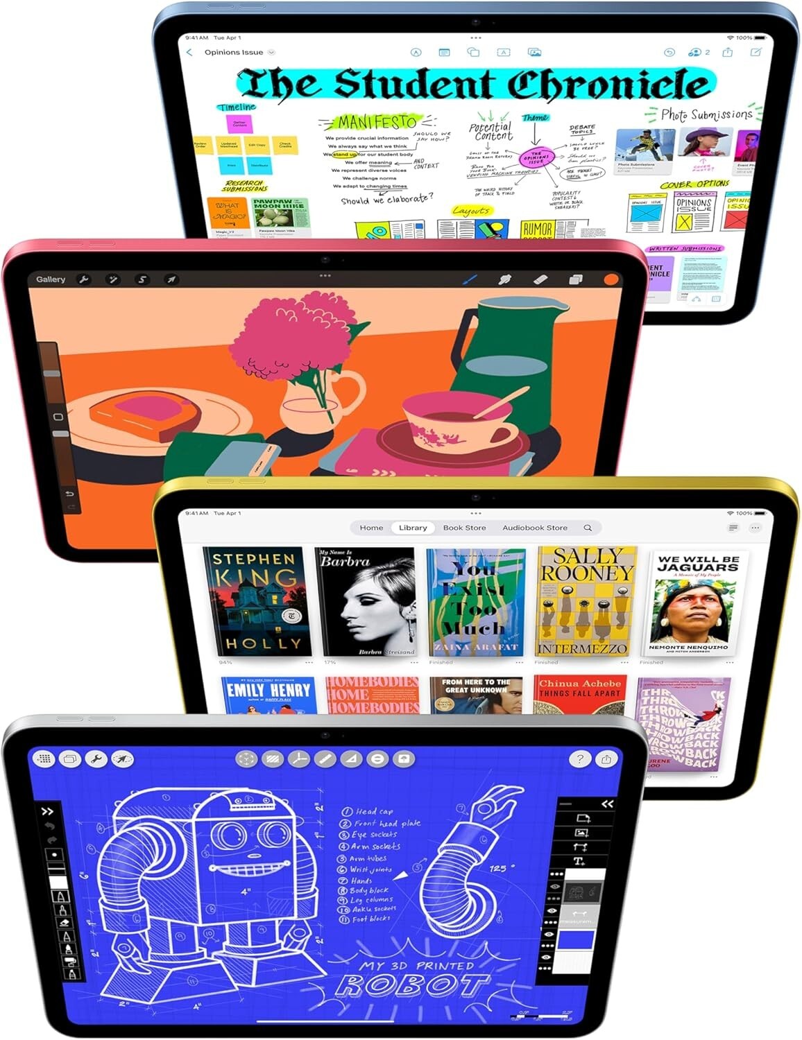 New 2025 iPad 11-inch in blue, pink, silver, and yellow showing front screens with apps and drawings displayed