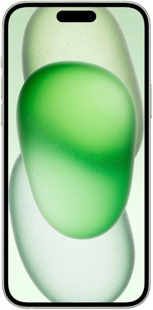 Apple iPhone 15 A2846 front view with green abstract wallpaper, 256GB storage, unlocked, very good condition