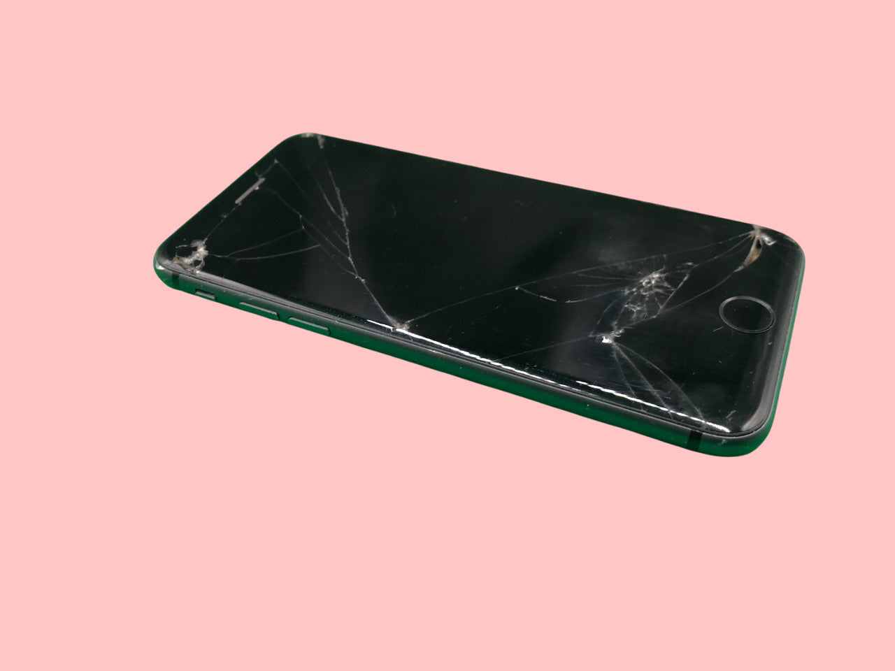 Apple iPhone 8 A1905 Space Gray with broken glass screen, 64GB, unlocked, 78 percent battery life on pink background