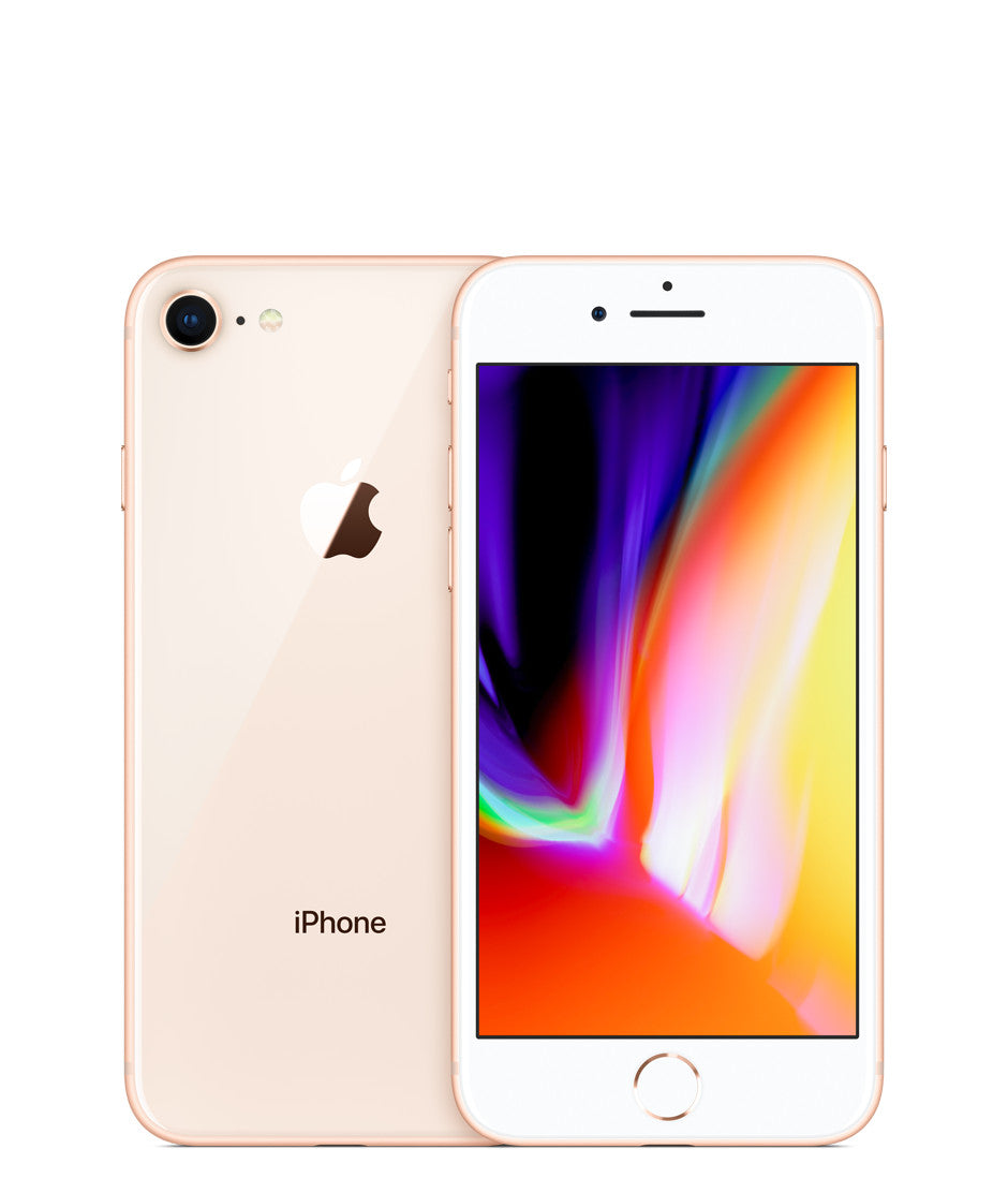 Apple iPhone 8 Plus in gold showing front display with colorful screen and back with camera and Apple logo