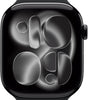 Apple Watch Series 11 46mm in jet black aluminum with black sport band showing front display and side crown