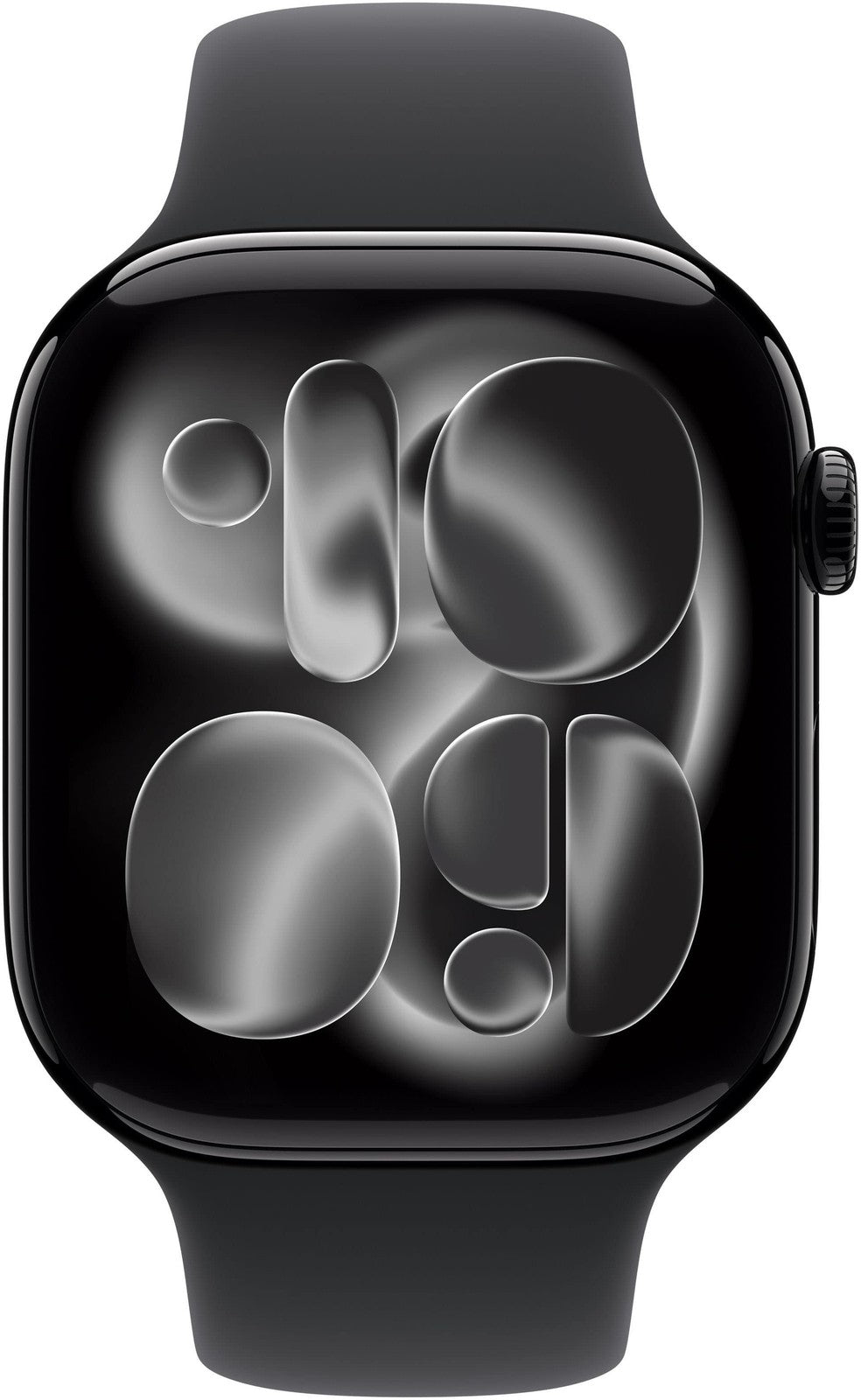 Apple Watch Series 11 46mm in jet black aluminum with black sport band showing front display and side crown