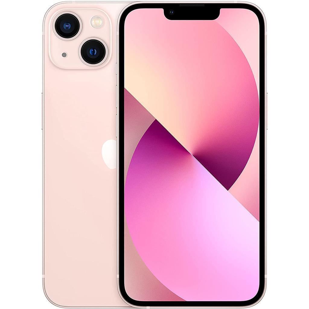 Apple iPhone 13 in pink showing front display and dual rear cameras, excellent condition, fully unlocked model with 6.1-inch screen