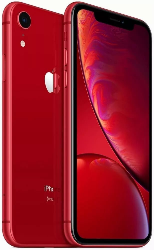 Apple iPhone XR in red with 6.1-inch screen, fully unlocked, 64GB storage, showing front and back views.