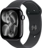 Apple Watch Series 11 46mm in jet black aluminum with black sport band, curved screen and side crown visible