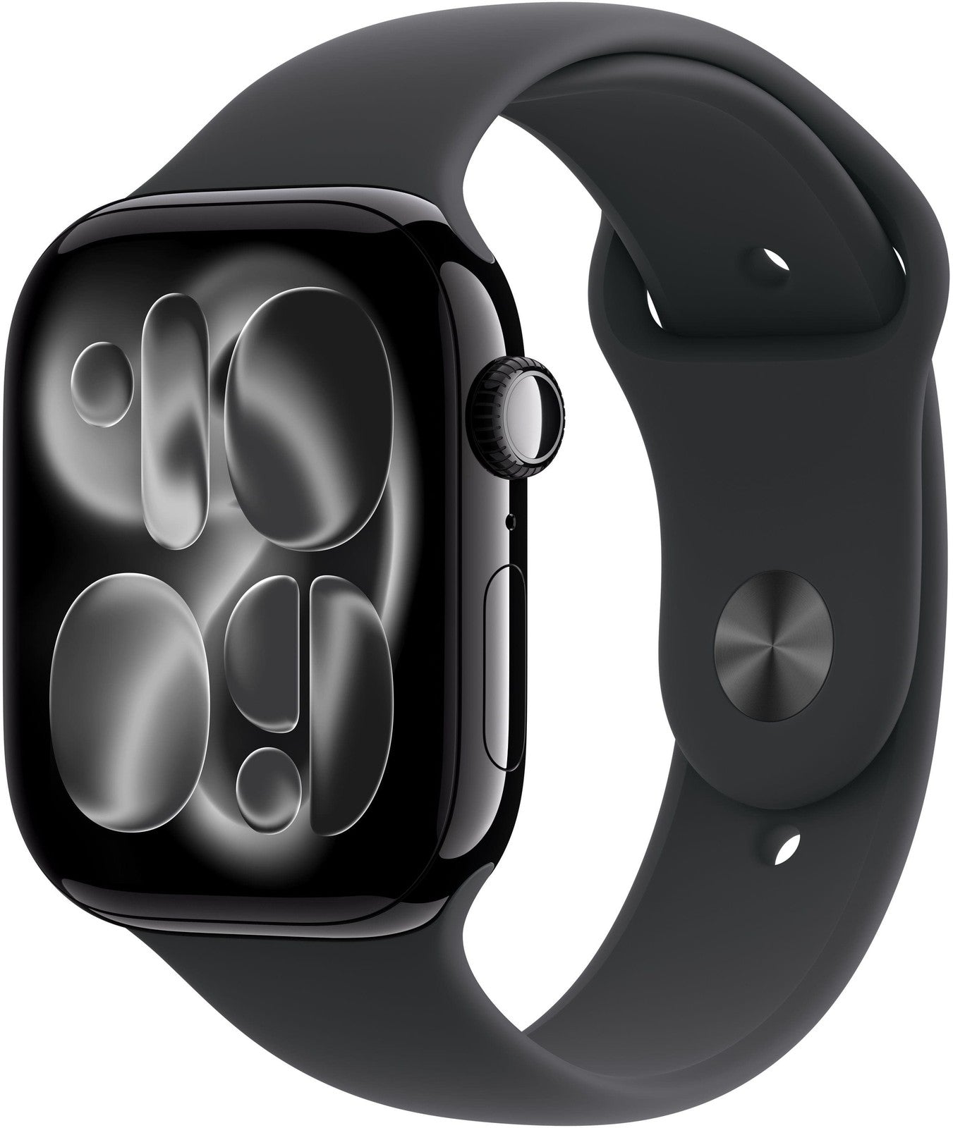 Apple Watch Series 11 46mm in jet black aluminum with black sport band, curved screen and side crown visible