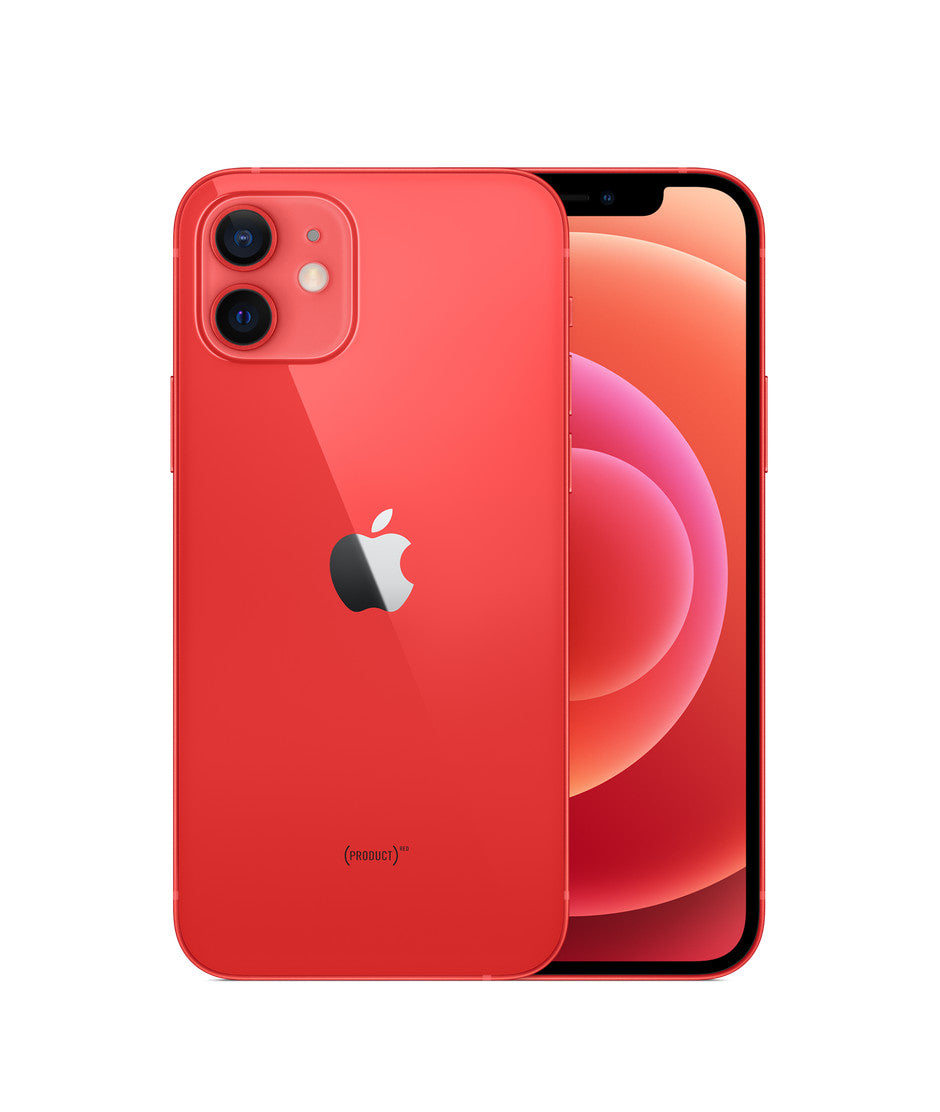 Red Apple iPhone 12 showing front display and dual rear cameras in excellent condition unlocked model