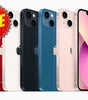 Apple iPhone 13 lineup in multiple colors showing front and dual rear cameras, excellent condition with sale badge