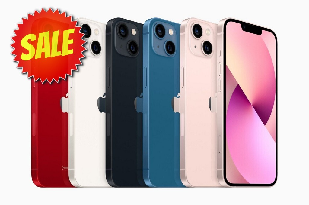 Apple iPhone 13 lineup in multiple colors showing front and dual rear cameras, excellent condition with sale badge