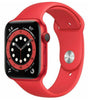 Apple Watch Series 6 in red with 44mm case, red silicone band, showing watch face with activity and weather details