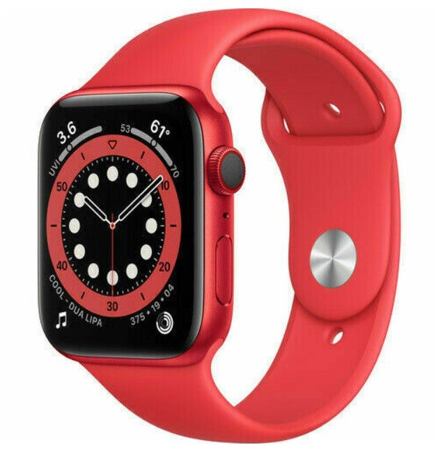 Apple Watch Series 6 in red with 44mm case, red silicone band, showing watch face with activity and weather details