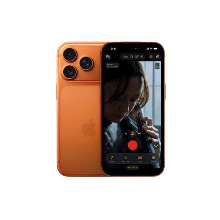 Apple iPhone 17 Pro Max unlocked US version in cosmic orange showing front with camera app and triple rear cameras