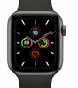 Apple Watch Series 5 44mm Space Gray showing front screen with fitness and heart rate indicators on black silicone band