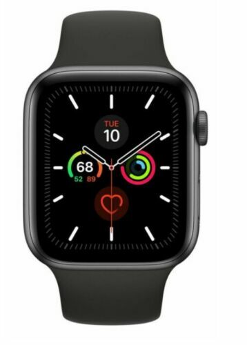 Apple Watch Series 5 44mm Space Gray showing front screen with fitness and heart rate indicators on black silicone band