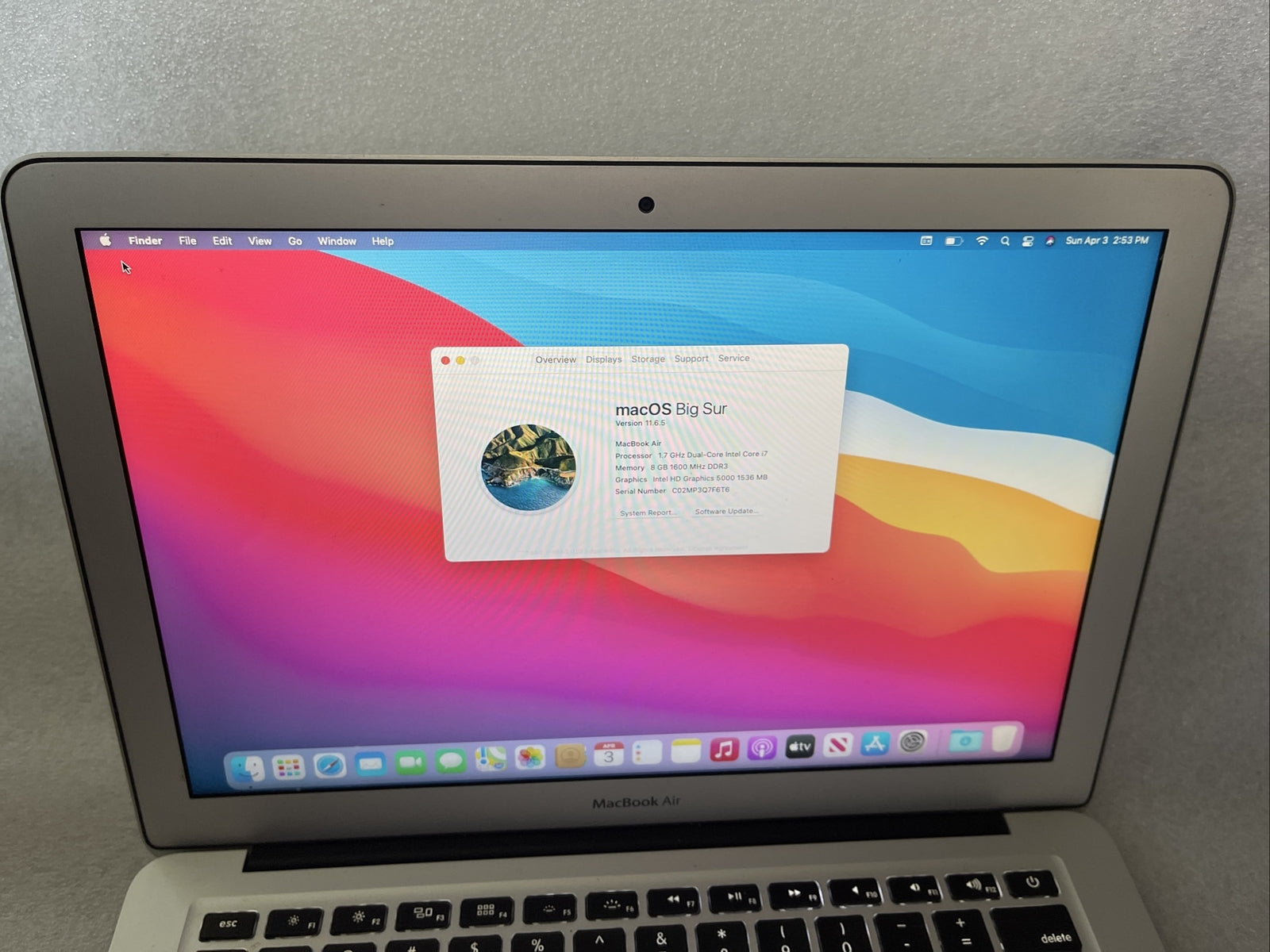Apple MacBook Air 13-inch 2013 model with Intel Core i5, 4GB RAM, 128GB SSD, silver, running macOS Big Sur