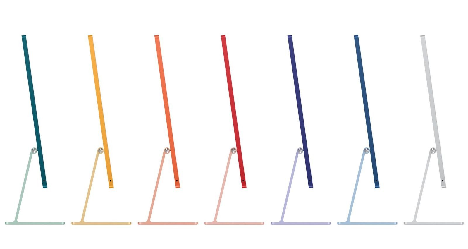 Seven Apple iMac 2021 models in different colors shown from side view on white background