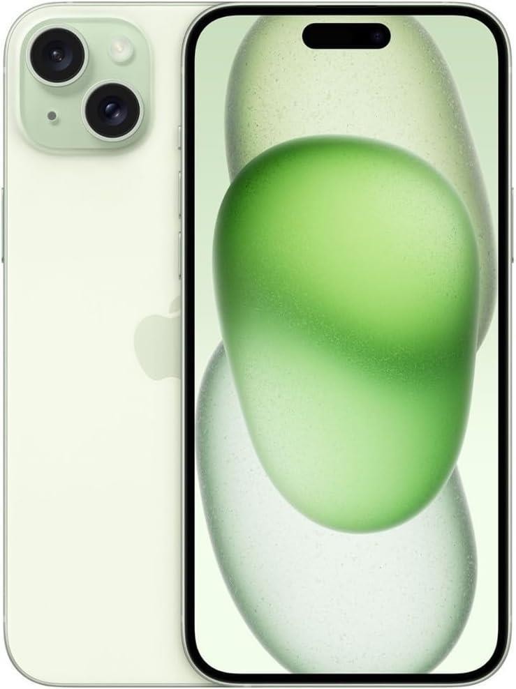Apple iPhone 15 model A2846 in green showing front display and dual rear cameras, 256GB unlocked very good condition