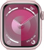Pink Apple Watch Series 9 45mm with silicone band showing digital clock face and aluminum case, very good condition unlocked model