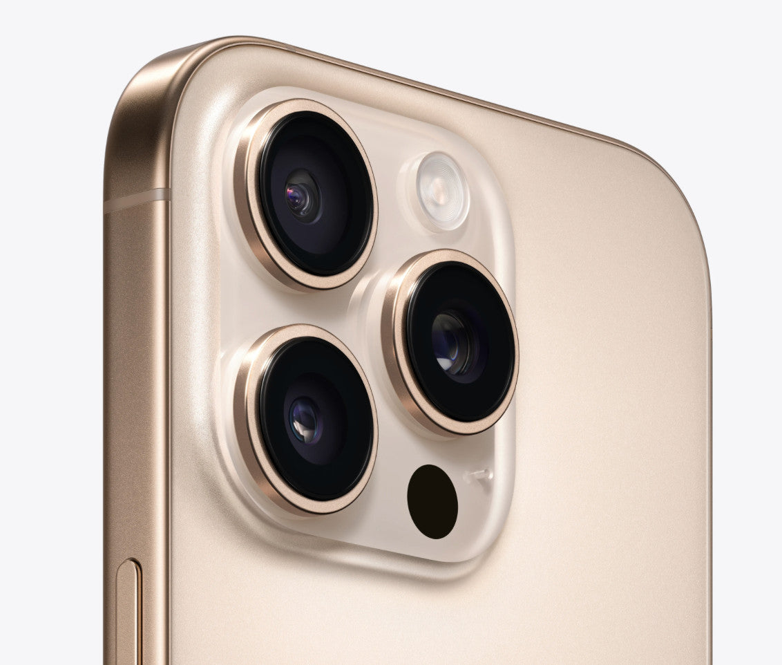 Gold Apple iPhone 16 Pro showing triple rear cameras and sleek edge design, fully unlocked with 256GB storage