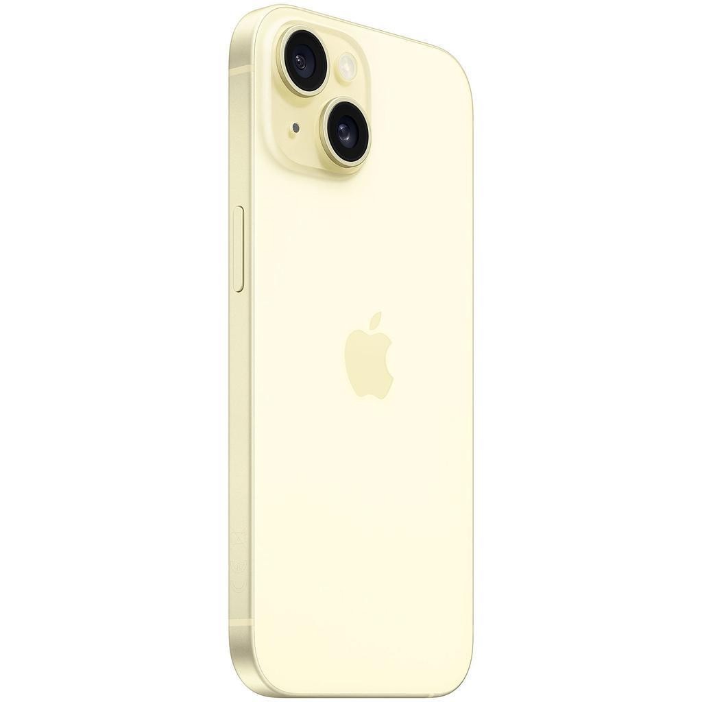 Apple iPhone 15 A2846 in light yellow showing rear dual cameras and side button, 256GB unlocked very good condition